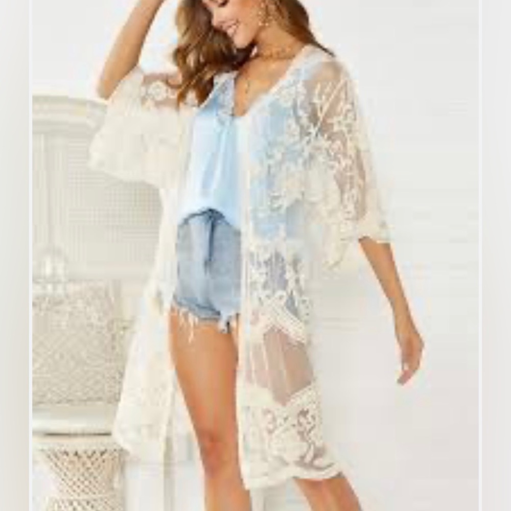 SOLD Qed London Cream Lace Bohemian Beachy Cardigan Cover Up